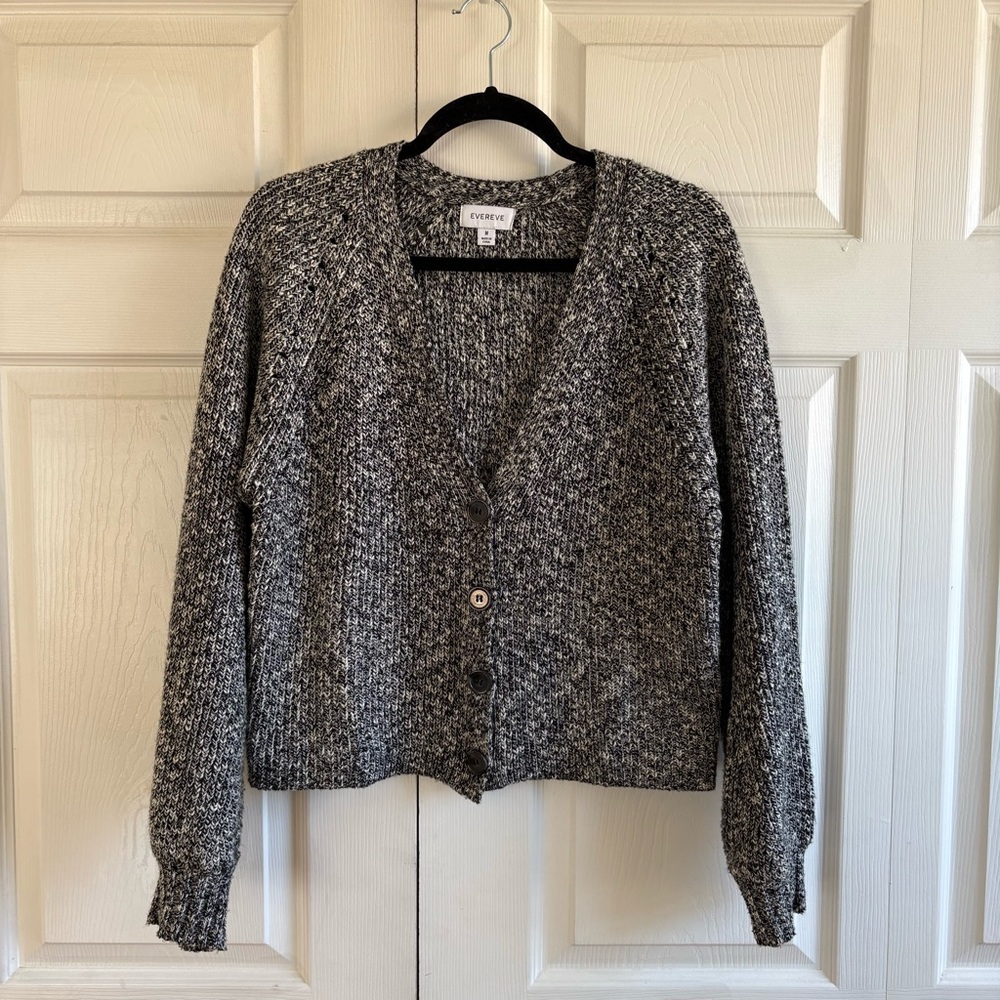 Evereve Marled Cable Knit Button Cardigan Black White Chunky Academia Teacher M